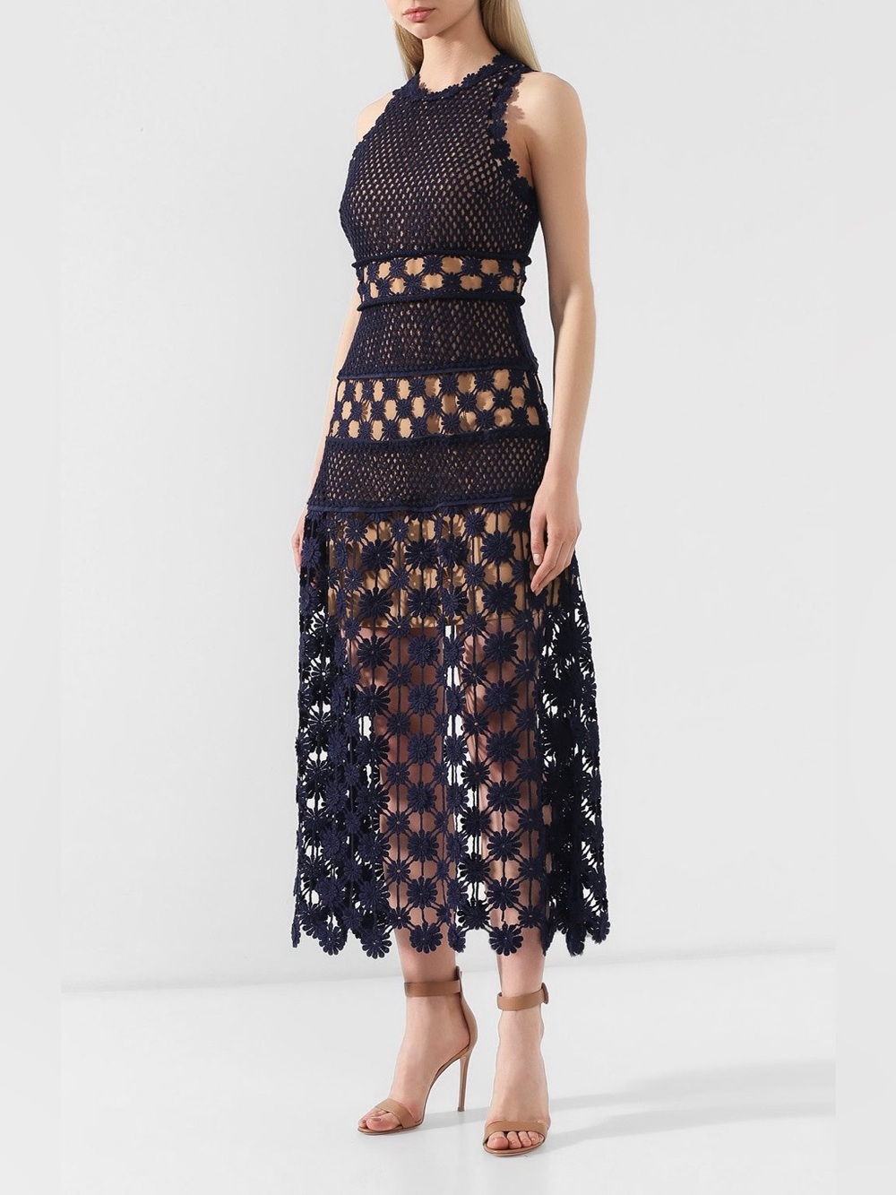 Self-Portrait Regina Navy Crochet Lace Midi Dress US 2 UK 6